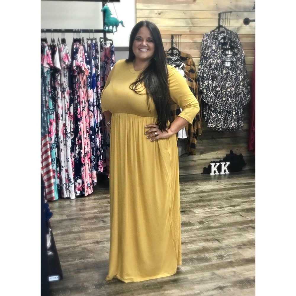Long Sleeved Round Neck Maxi-Mustard